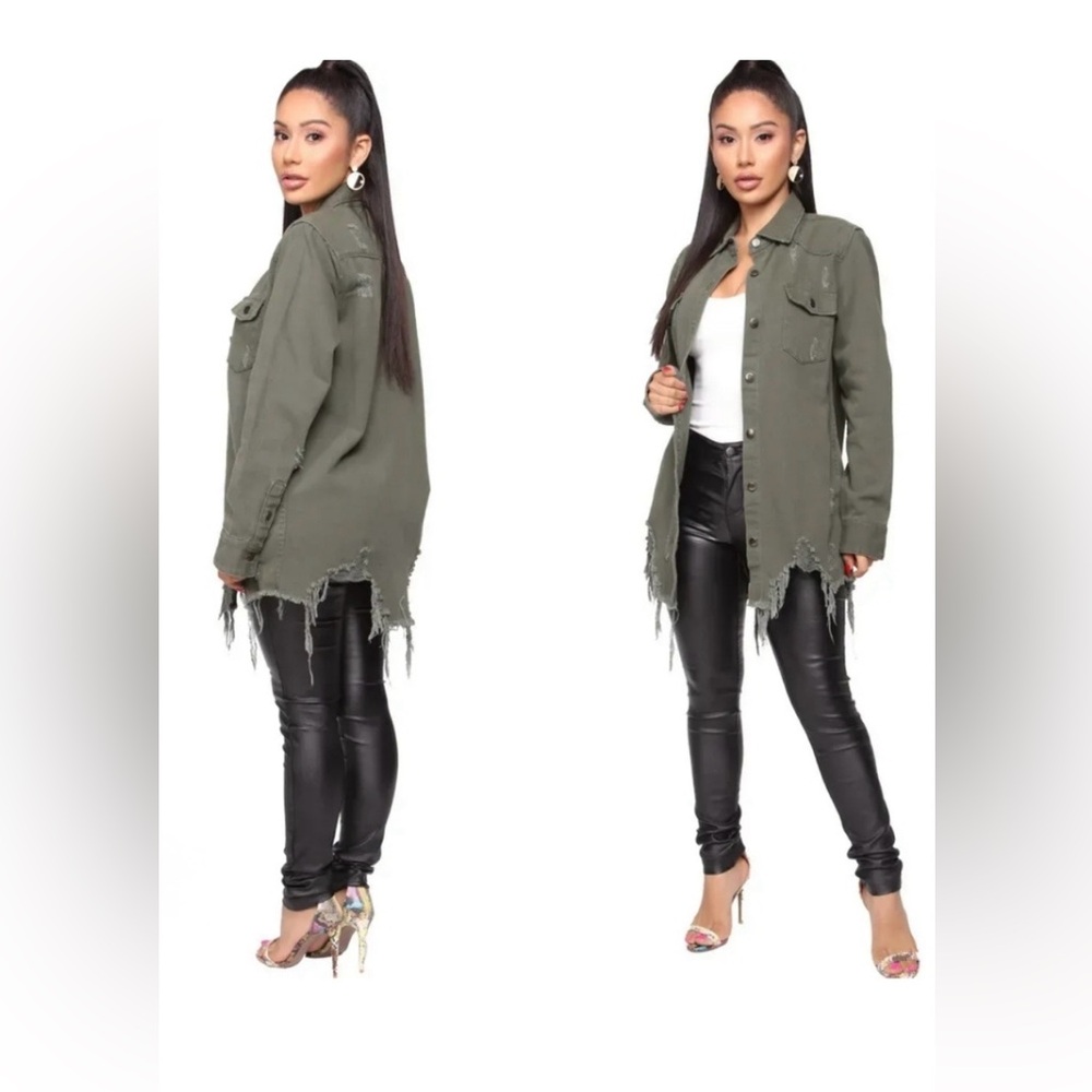 American Bazi Green Distressed Jean Jacket